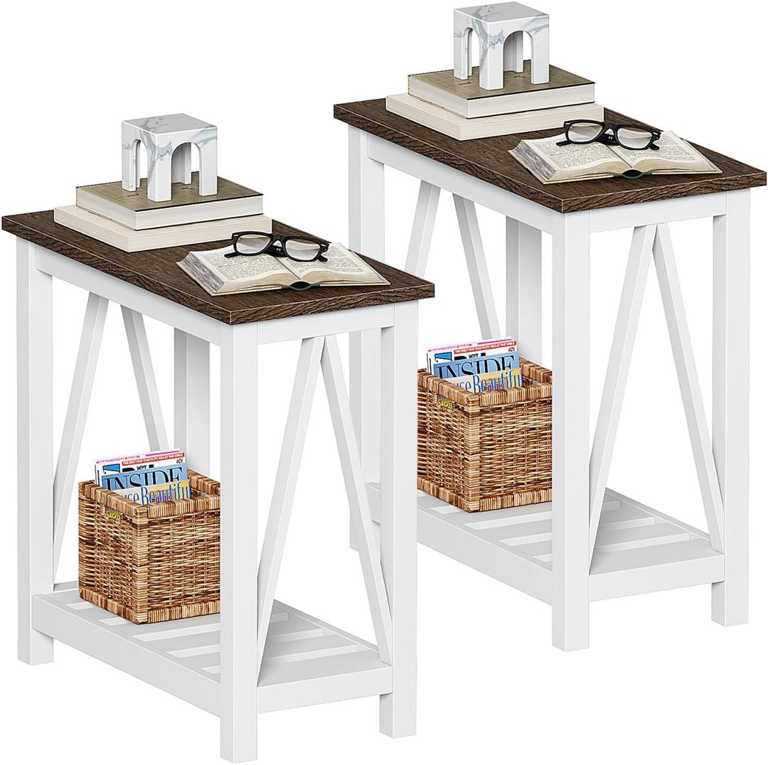 ChooChoo Farmhouse End Table Set of 2, Rustic Vintage Narrow End Side Table with Storage Shelf for Small Spaces, Nightstand Sofa Table for Living Room, Bedroom White