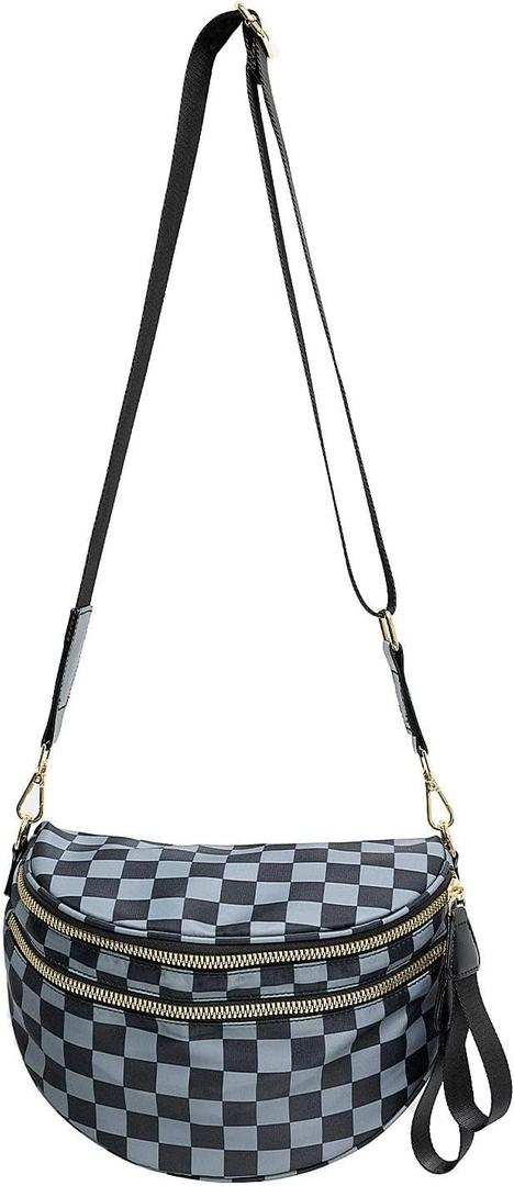 Checkered Crossbody Bag Nylon Bum Bags for Women Spacious Handbags Checkered Purse Fanny Packs with Shoulder Strap