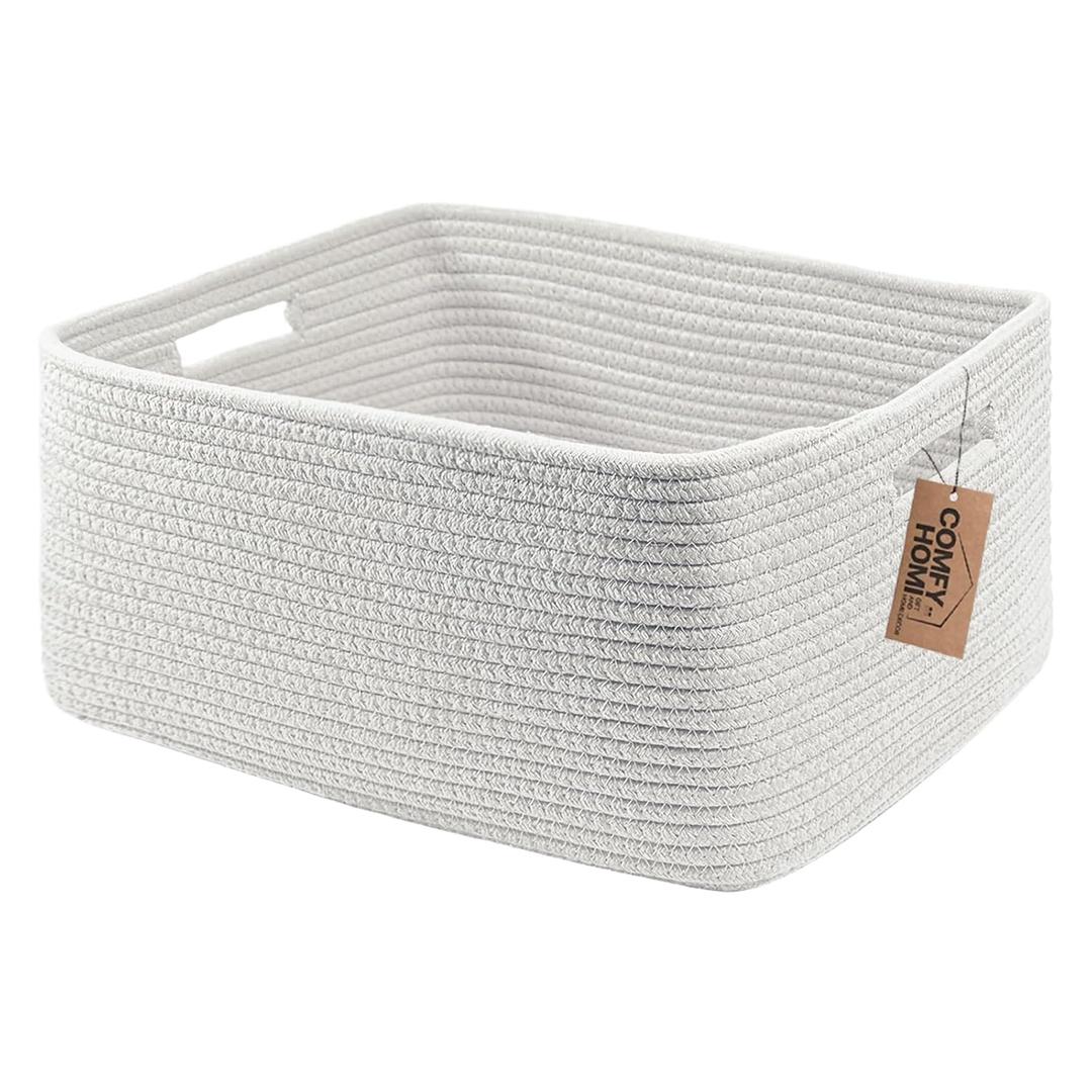 COMFY-HOMI Cotton Rope Woven Basket with Handles for Shelves,Toys,Book, Cloth Storage Baskets for Organizing-17" x 13" x 7.5" Toy Decorative Organizer for Living Room, Bathroom All White