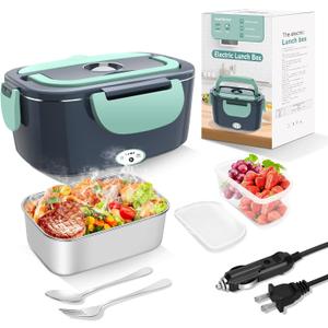Electric Heated Lunch Boxes Adults: 80W Electric Lunch Box Food Heated 12/24/110V 1.5L Heatable Lunch Box for Car/Truck/Office Leak-Proof Stainless Steel Container, Fork & Spoon, Bag (Grey+Green)
