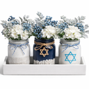 Hanukkah Mason Jar Floral Arrangement Table Centerpieces Set 3 Glass Jars with Fairy Light String, Wooden Tray & Blue Hydrangeas Jewish Holiday Decor for Table Farmhouse Kitchen Office Wedding 