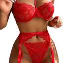 Lilosy Sexy Choker Floral Lace Scallop Sheer Underwire Push Up Garter Belt Lingerie Set 3 Piece (Red, XL)