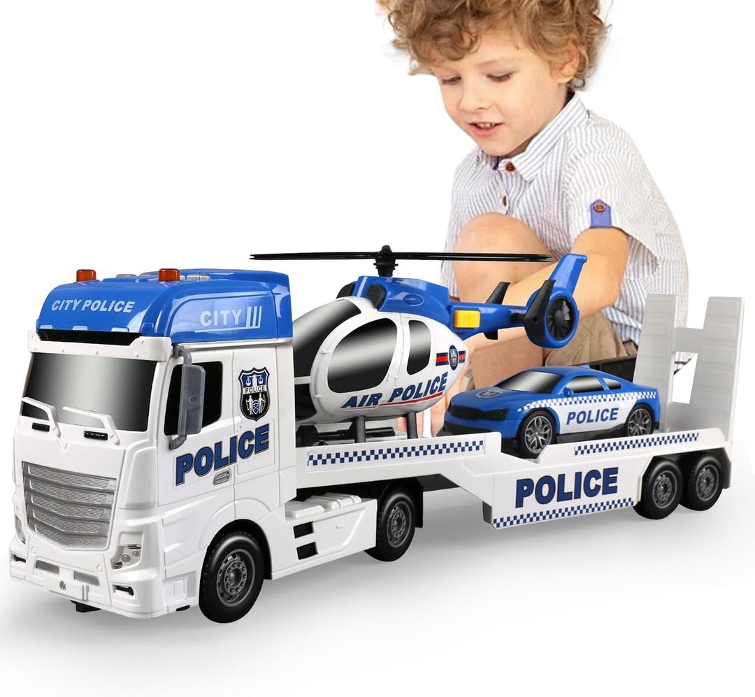 Dwi Dowellin Toddler Boy Toys for 3 4 5 6 Year Old, 25" Semi Truck Toy with Racing Car and Helicopter  Police Toys,Birthday Gifts for Kids Child 2 3 4 5 6 Years Old