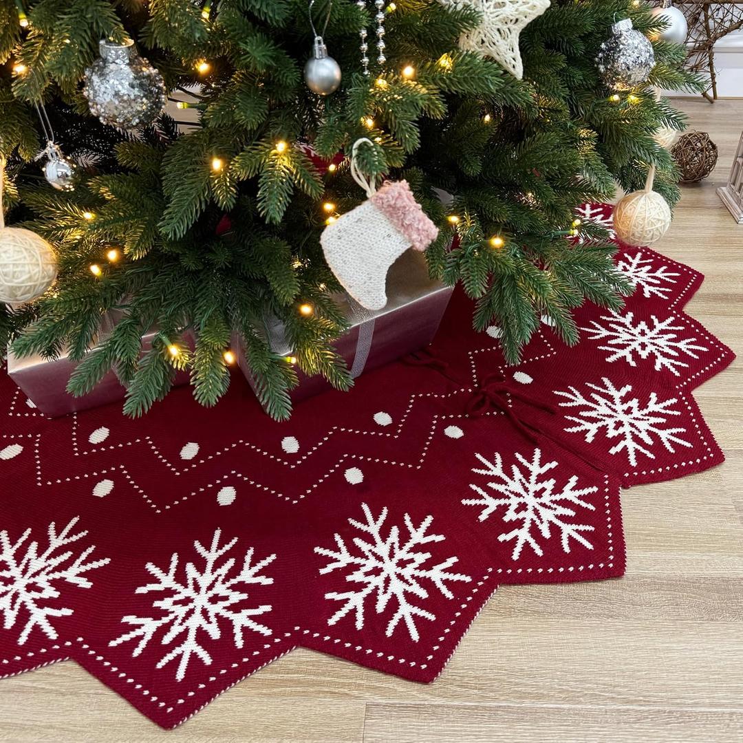 Starry Dynamo 60-Inch Reversible Knit Tree Skirt with Christmas StarInspired Pointed Edge Border and Lace-Up Closures, Machine Washable Thick Acrylic Yarn, Burgundy & White