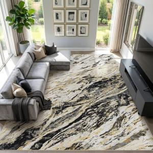 Area Rugs for Living Room: 10X14 Abstract Washable Rug Modern Neutral Large Soft Stain Resistant Non-Slip for Bedroom Dining Room Indoor Home Office Carpet - Black Gold