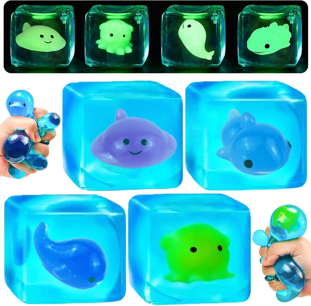 4 Pack Blue Squeeze Cube with Luminous Sea Animals InsideSquishy Stress Fidget Gummy Toys Glow in The Dark Animal Maltose Sensory Toys for Kids Autism , Stress Balls for Anxiety Stress Relief (Small)