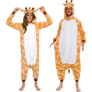 Funziez! Adult Onesie Halloween Costume Animal Dinosaur Shark Unisex Plush One Piece Cosplay Suit for Adults, Men and Women (Giraffe)