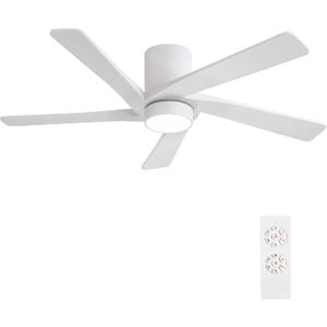 WINGBO 54 Inch Flush Mount DC Ceiling Fan with Lights and Remote, 5 Reversible Carved Wood Blades, 6-Speed Noiseless DC Motor, Hugger Ceiling Fans in White Finish, Low Profile Ceiling Fan, ETL Listed