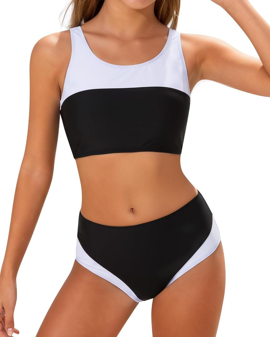 Kids4ever Girls Swimsuits Two Piece Color Block Teen Bathing Suits with Adjustable Straps Bikini Sets  (9-10 Years, Black)