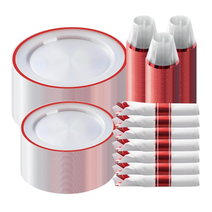 Goodluck 350 Piece Red Plastic Dinnerware Set for 50 Guests, Fancy Disposable Plates for Party, Include: 50 Dinner Plates, 50 Dessert Plates, 50 Pre Rolled Napkins with Silverware, 50 Cups