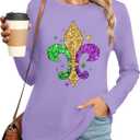 LAZYCHILD Mardi Gras Shirt for Women: Fat Tuesday Shirts Mardi Gras Long Sleeve New Orleans Carnival Party Tops (Purple, XL)