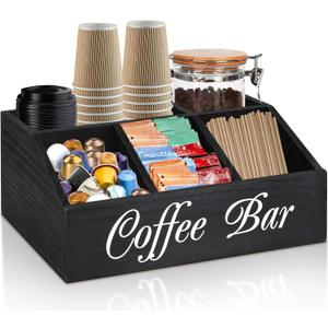 ugiftt Coffee Station Organizer for Counter, Wood Coffee Pods Holder Storage Basket, Tea Condiment Storage Organizer, Rustic Bar Decor for Accessories Organizer (Black)