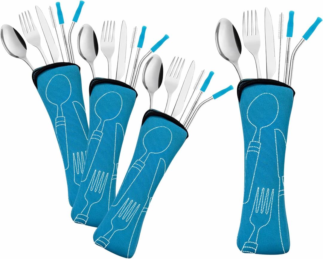 Travel Utensils Set with Case 4 Pack, Reusable Stainless Steel Portable Cutlery (Fork, Spoon, Knife, Straws & Cleaner) for Work, Dorm, Camping, Lunch Box, Compact Durable Silverware by Ecoberi (Turq)