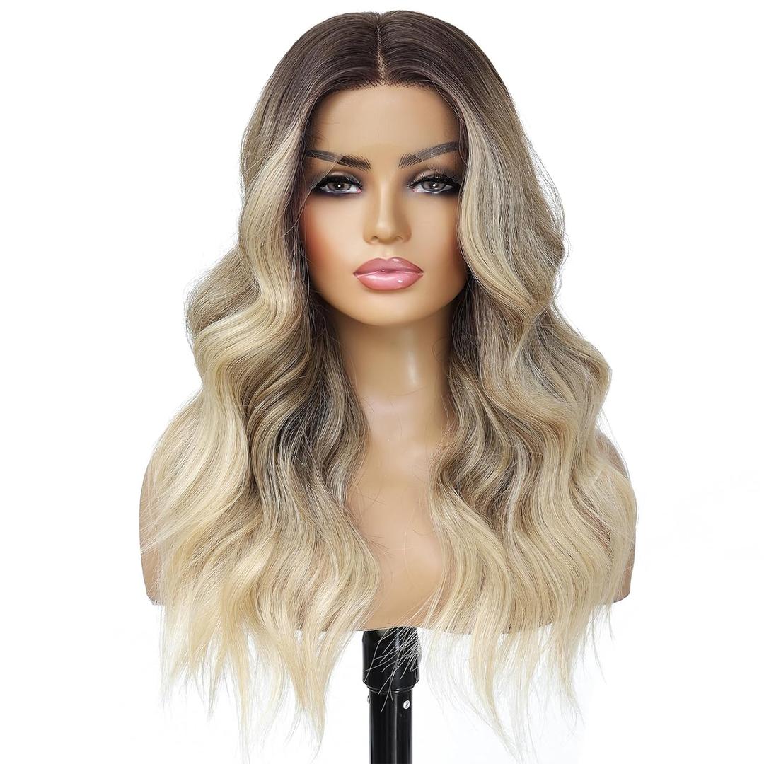 Ombre Blonde Balayage 613 Wavy Wig for Women 20 Inch Middle Part Lace Frontal Wig HD Lace Natural Looking Synthetic Heat Resistant Fiber Wig