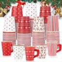 YLOLUL 100 Pcs Christmas Coffee Cups Disposable with Handles 9 oz Hot Chocolate Cups Bulk Red White Christmas Holiday Paper Cups for Xmas Holiday Party Hot Cocoa Bar Supplies
