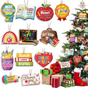 HOWAF 36pcs Teacher Christmas Ornament Gift Set, Thank You Teachers Gifts Wood Hanging Christmas Tree Ornament for Classroom Office Decor, Xmas Holiday Present for Teachers