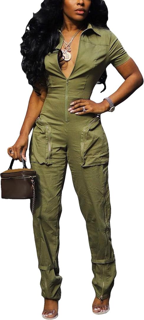 DINGANG Womens Casual Cargo Jumpsuit Short Sleeve V Neck Zip Up Romper Wide Leg Pants Overalls (Small, K3172-green)