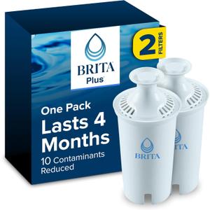 Brita Plus Water Filter, BPA-Free, High-Density Replacement Filter for Pitchers and Dispensers, Reduces 2x Contaminants*, Lasts Two Months or 40 Gallons, Includes 2 Filters