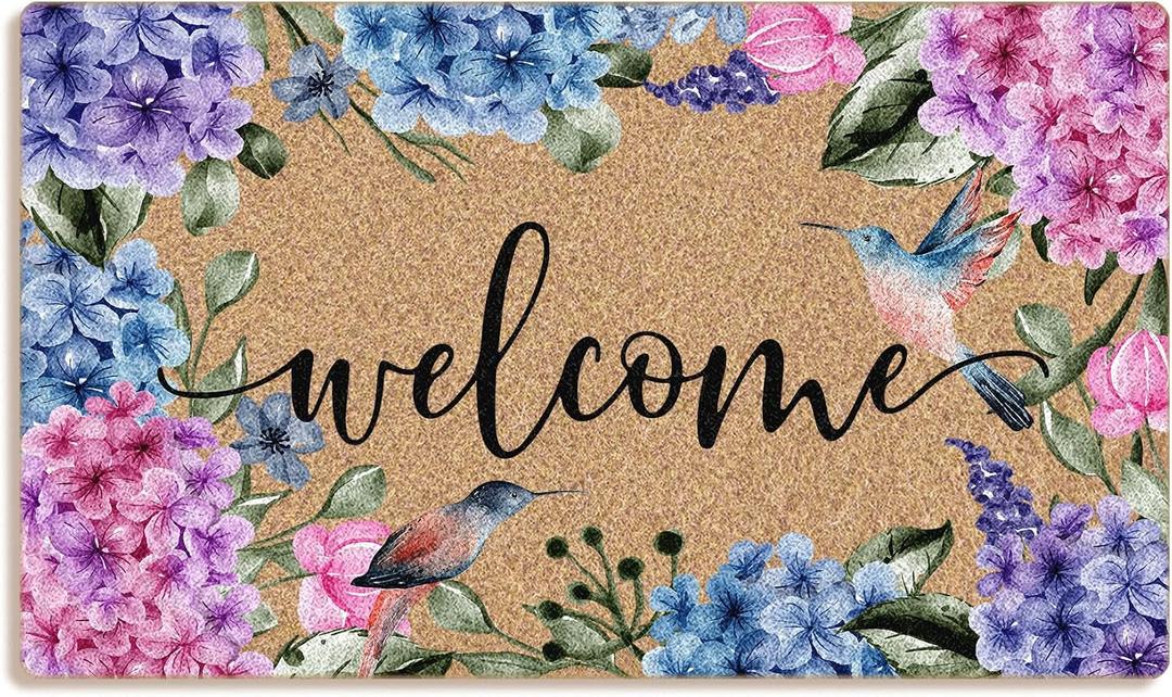Mingnei Hydrangea Floral Coco Coir Welcome Doormat Door Mat for Home House Entrance, Summer Colorful Hydrangea Floral Botanical Bird Floor Mats for Outdoor Outside Entryway 30x17 Welcome Mat