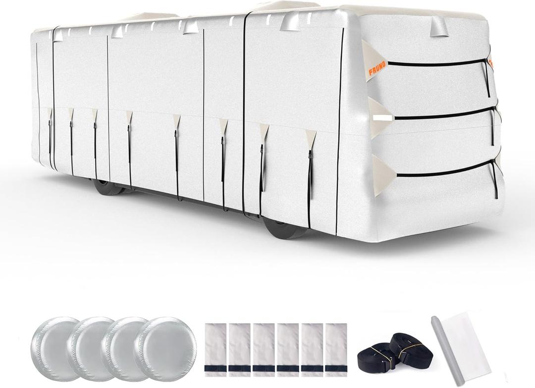 FRUNO Oxford Fabric Class A RV Cover Fits 33'-37' Waterproof Rip-Resistant Anti-UV Motorhome Camper Cover for Winter Snow with 4 Tire Covers and Gutter Covers
