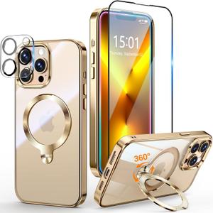 [Tri-Shield Protection] for iPhone 13 Pro Max Case with 360 Spin Stand Compatible with MagSafe [Magnetic CD Ring] [Screen & Camera Lens Protector] Shockproof Plating Never-Yellowing, Gold-6.7"