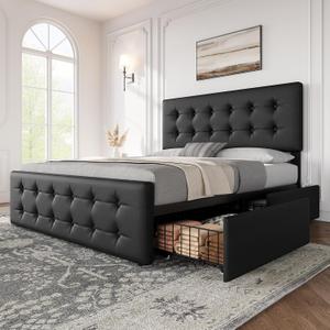 IDEALHOUSE Queen Size Bed Frame with 4 Storage Drawers and Headboard, Faux Leather Upholstered Platform Bed Frame with Wooden Slats Support, Button Tufted Design, No Box Spring Needed, Black