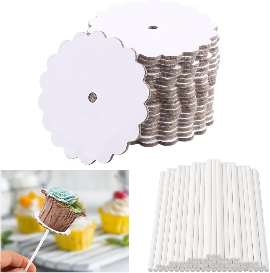 100 Set Scalloped Cake Pop Boards with Cake Pops 2 Inch Round White Scalloped Mini Cupcake Base Cardboard or Birthday Party Wedding Cupcakes Pastries Desserts