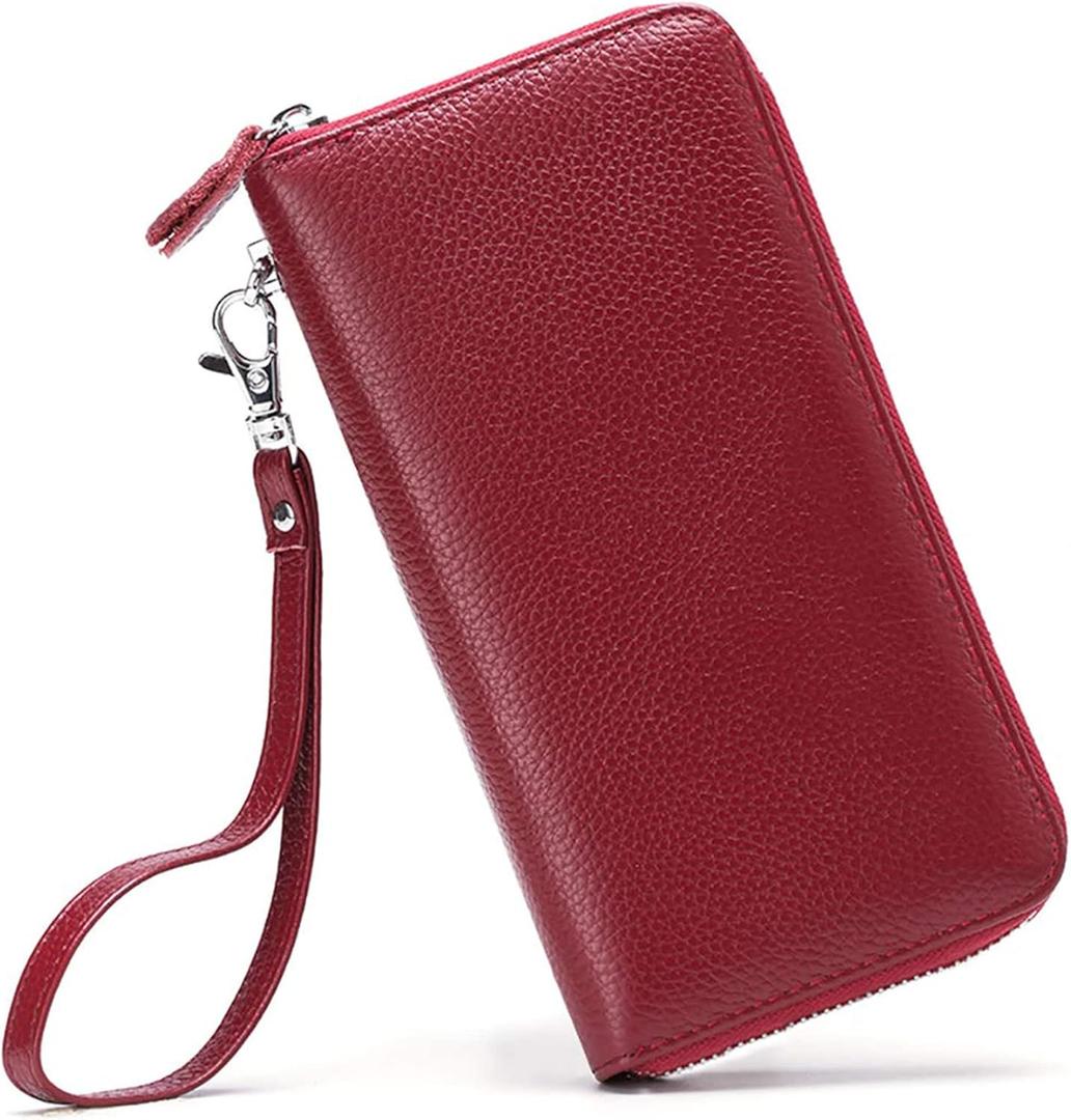 Moflycom Womens Wallet RFID Blocking Genuine Leather Zip Around Wallet Clutch Wristlet Travel Long Purse for Women (Deep Red)