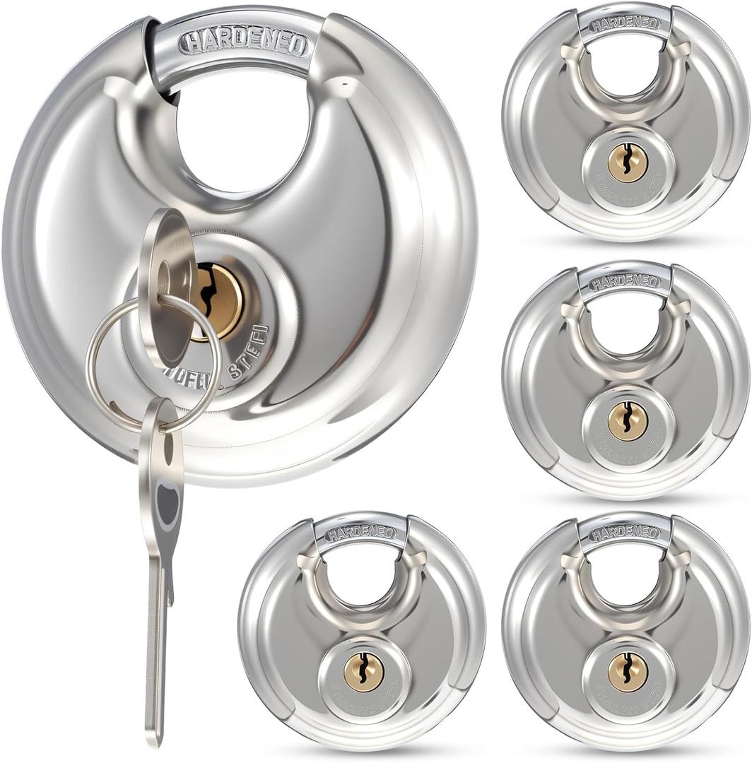 5-Pack Padlocks Keyed Alike, 2-3/4 inch Wide, Stainless Steel 304 Round Lock, Waterproof and Rustproof Storage Lock with Brass Keys, Ideal for Storage Unit Gate, Outdoor, Shed, Fence