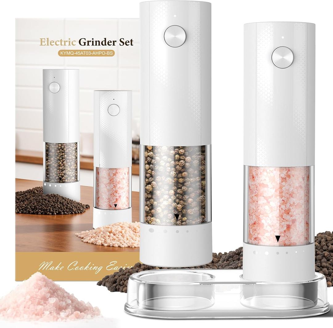 Electric Salt and Pepper Grinder Set - Rechargeable Automatic Salt and Pepper Shakers, Kitchen Appliances with External Adjustable Coarseness, Larger Hopper for Cooking, Home Gifts(2 Pack,White/White)