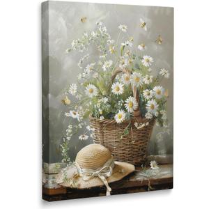 Framed Farmhouse Vintage Daisy Floral Canvas Wall Art, Neutral Country Botanical Artwork Paintings for Bathroom Living Room Kitchen Decor Ready to Hang (16"x24")