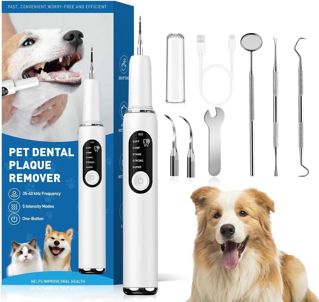 Dog Plaque and Tartar Remover Plaque Remover for Teeth with Led Light 5 Adjustable Modes Electric Toothbrush Teeth Cleaning Kit for Dog and Cat Pet Ultrasonic Tooth Cleaner (White)