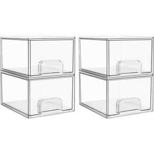 Vtopmart 4 Pack Clear Stackable Storage Drawers, 4.4'' Tall Acrylic Bathroom Makeup Organizer,Plastic Storage Bins For Vanity, Undersink, Kitchen Cabinets, Pantry, Home Organization