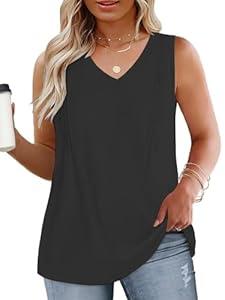 DOLNINE Plus Size Black Tank Top Womens Casual Pleated Flattering Tees Basic V-Neck Lightweigh Shirts, XL