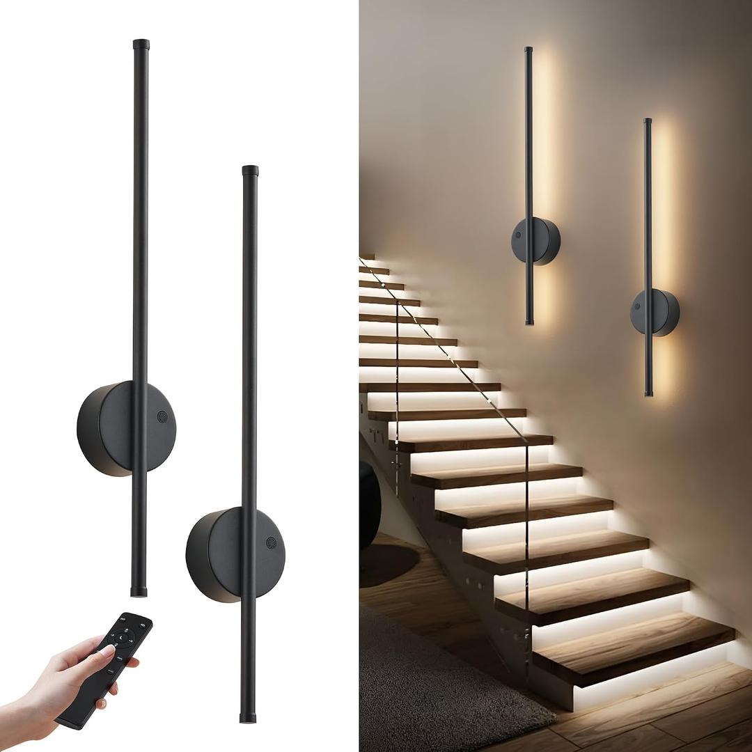 Motion Sensor Battery Operated Wall Sconce Set of Two - Modern Rechargeable Wireless Wall Lights with Remote Control, Dimmable, 3000K/4000K/6000K, Timer for Living Room, Hallway, 23.6 Inch, Black