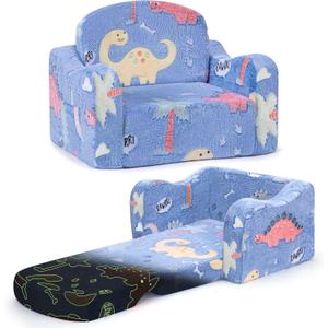 aodisman Thick Comfy Toddler Chair and Couch for Kids,2-in-1 Soft Plush Fold Out Sofa for Children,Convertible Couch to Lounger for Toddler (Blue Dinosaur)