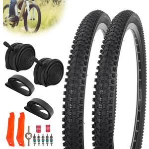 JIAYAN 24/26x1.95 Folding Replacement Bicycle Tires with Tire Levers and Tire Liners, 24''/26'' Mountain Bike Tire and Inner Tube for MTB Off-Road Bicycle