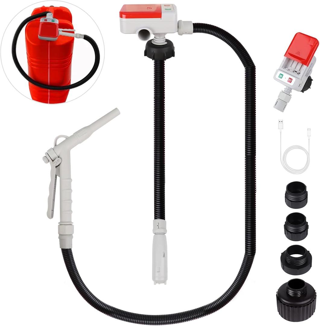 Fuel Transfer Pump (3.2GPM) with Hand Nozzle for Quick Stop Flow Control, 51" Hose Automatic Gas Pump with 4 Gas Can Fittings, USB and Battery Powered Portable Siphon Pump for Oil, Gasoline, Diesel