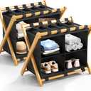 Folding Luggage Rack, 2-Pack Natural Bamboo Suitcase Stands with 4 Storage Compartments , Sturdy Luggage Holders for Guest Room, Bedroom, Hotel
