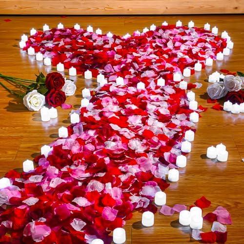 Coume 6000 Pcs Artificial Rose Petals with 72 Pcs Flameless LED Candles Romantic Decorations Fake Candles Anniversary Decorations for Valentine's Day Wedding Night(White with Red Series Petal)