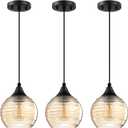 3 Pack 1 Light 6.3" Kitchen Island Hanging Pendant Ceiling Light Farmhouse Dining Light Fixture, for Living Room, Dining Room, Over Sink (Amber Glass, Finish A)