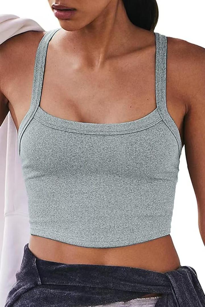 Workout Tank Tops Scoop Neck Crop Tops Athletic Tank Tops Cute Seamless Cami Ribbed Racerback Tank Tops Gym Shirts (Grey-M)