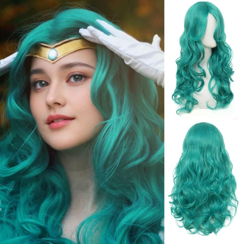 Turquoise Green Curly Cosplay Wig Long Hair Heat Resistant Spiral Costume Wigs Anime Fashion Wavy Curly Cosplay Daily Party