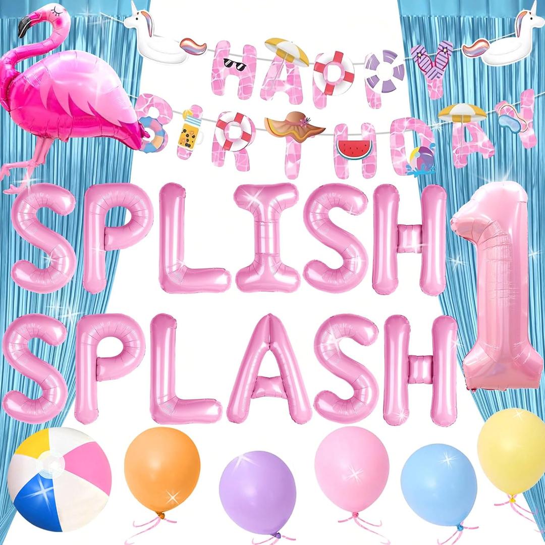 JeVenis Splish Splash 1st Birthday Decorations for One Year Old Girls Party Themed First Birthday for Summer Beach Party Hawaiian Luau Tropical Party Supplies (pink)