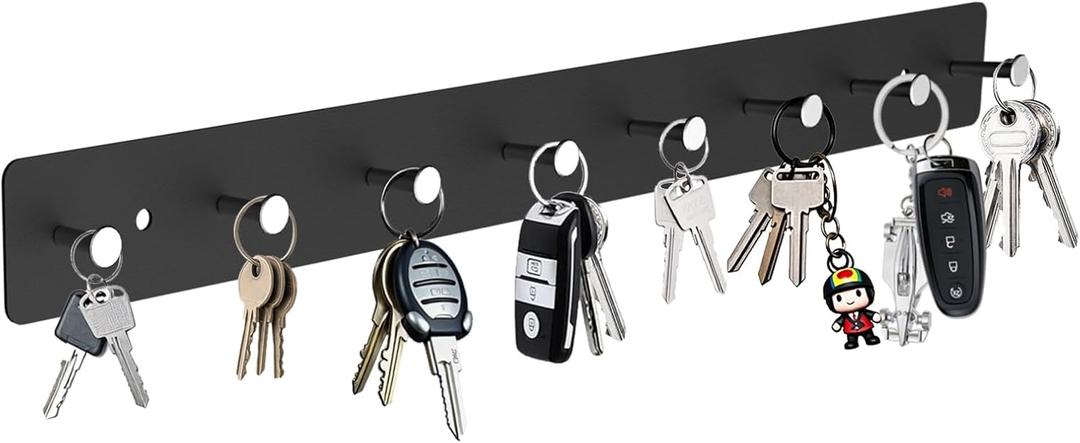 Metal Key Holder Wall Mount, Adhesive Black Car Keys Organizer Rack with 8 Hooks for Hallway