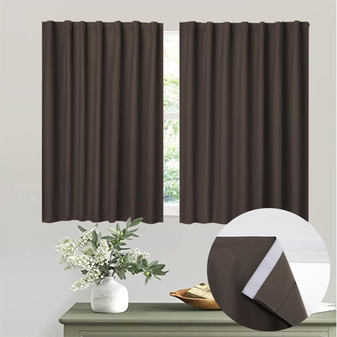 Muamar No Drill Blackout Curtain, Easy Install Window Curtain Panels, Portable Bedroom Curtains 2 Panel Sets, Light Blocking Shades for Window (Coffee, 29" W x 30" L)