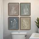 Boho Framed Botanical Wall Art for Bathroom Decor, 4 Piece Rustic Floral Canvas Painting Prints Artwork for Walls, Vintage Neutral Flower Pictures for Farmhouse Bedroom Dining Room Kitchen, 8x10 Inch (Simple - Walnut Framed)