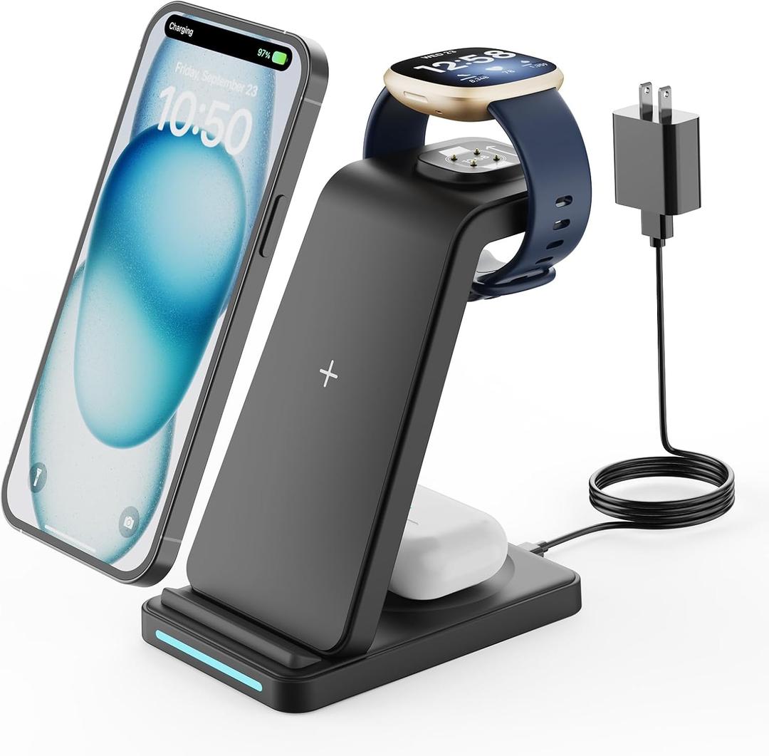 Wireless Charger for Fitbit Charging Station - GEEKERA 3 in 1 Phone Charger Stand for Fitbit Watch Sense 2/Sense/Versa 4/3, iPhone, Samsung, Google Pixel Phones, Androids, Airpods 4/3/2 (Black)