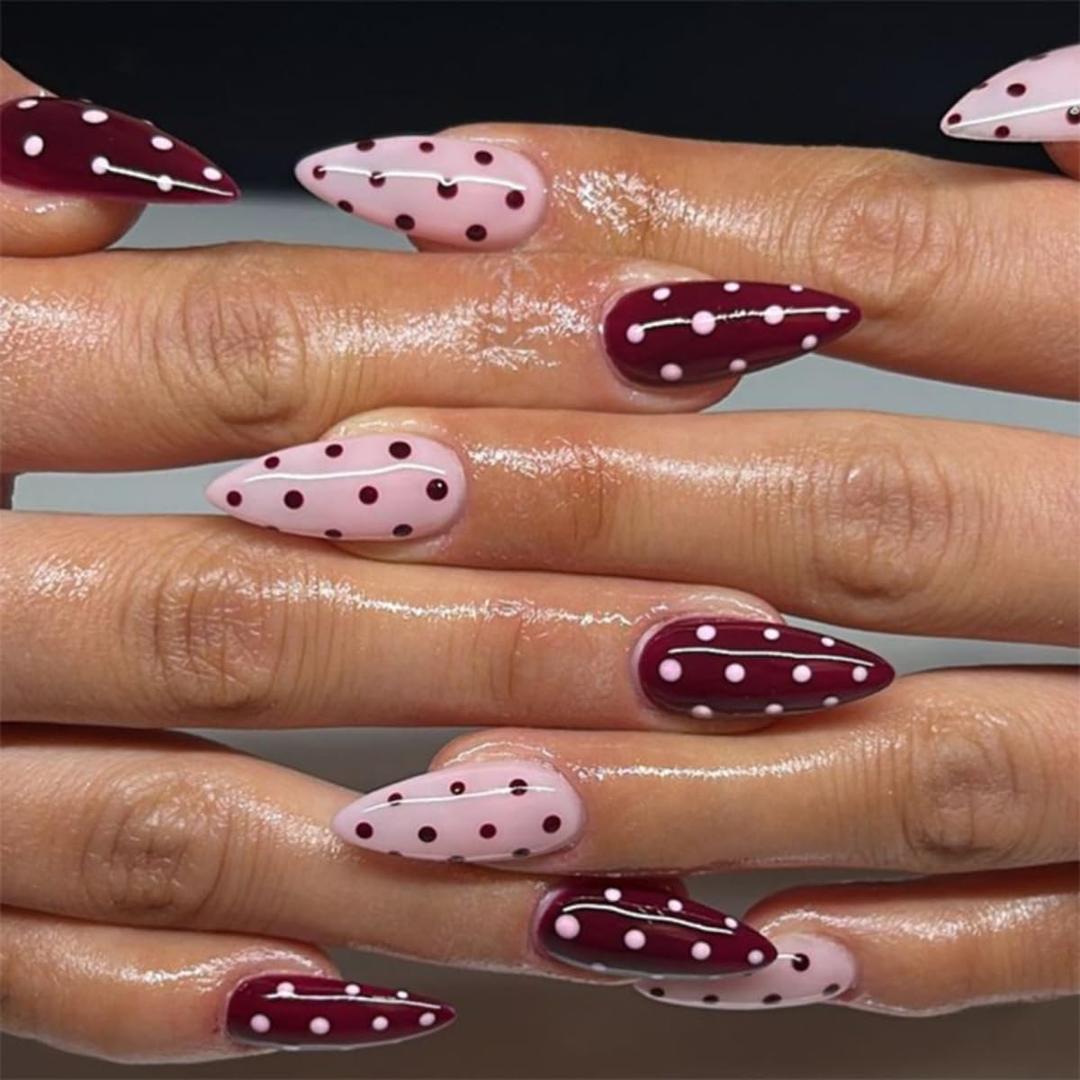 Light Pink & Burgundy Color Block Press on Nails - Polka Dot
