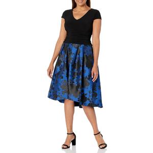 S.L. Fashions Women's Stretch Jersey Bodice Jacquard Floral Print Dress, Size 16, Black Blue Floral